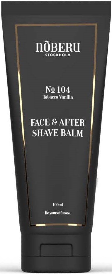 Schwarze Tube mit goldenen Linien, enthält Gesichts- und After Shave-Balsam namens NÖBERU Stockholm No 104 Tobaccov Vanilla.