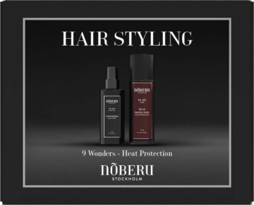 Zwei Haarstylingprodukte, ein schwarzer Sprühnebel und eine rote Flasche, mit Text zum Hitze-Schutz, auf schwarzem Hintergrund.