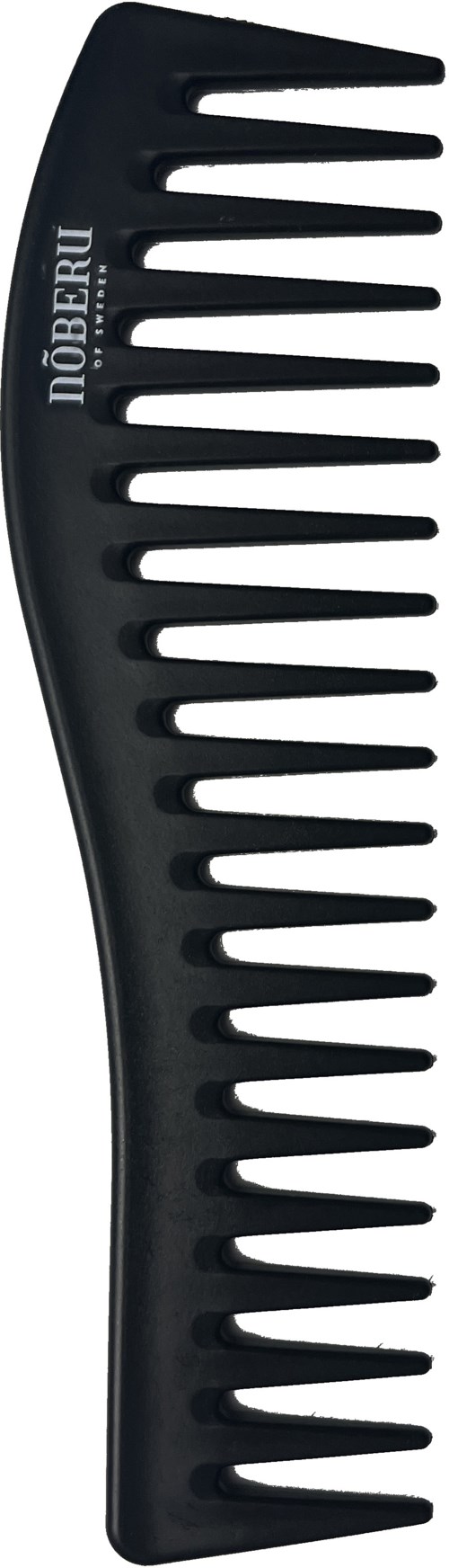 A black wide-tooth comb with the word 'NOBERU' written on it.