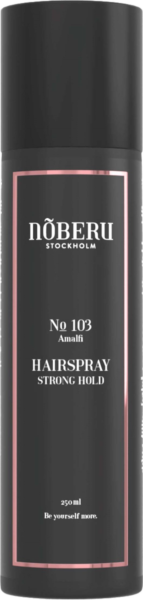 A black can of Nöberu hairspray with pink and white label, strong hold, 250ml, from Stockholm.