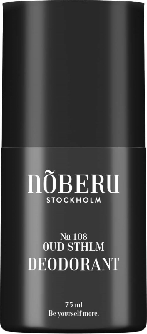 Ein schwarzer Deostick mit weißen Text und den Worten 'NÖBERU Stockholm' und 'No 108 Oud Sthlm Deodorant'.