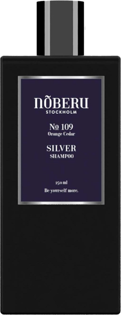 Eine schwarze Shampoo-Flasche mit einem lila Etikett liest 'NÖBERU Stockholm, No 109 Orange Cedar, Silver Shampoo, 250 ml, Be yourself more.'