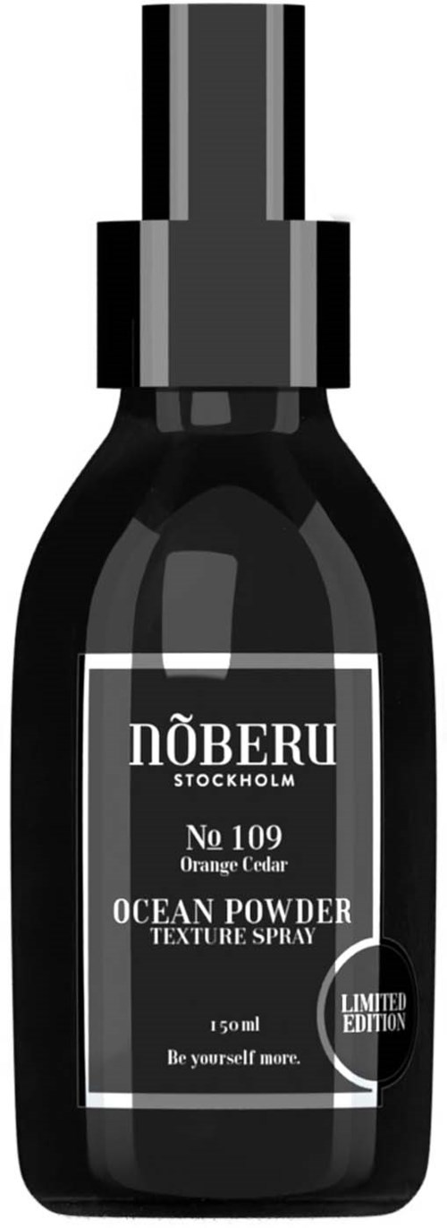 A black bottle with a spray top, labeled "NÖBERU Stockholm No 109 Ocean Powder Texture Spray," is shown.