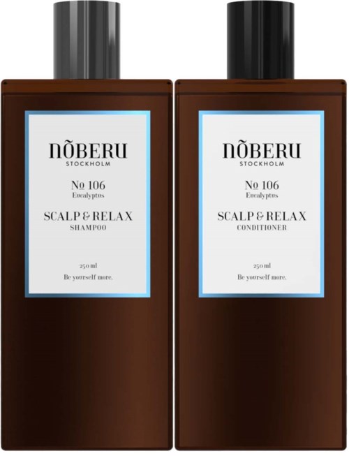 Brown bottles of shampoo and conditioner labeled 'Nöberu Stockholm' for scalp relief, with black caps.