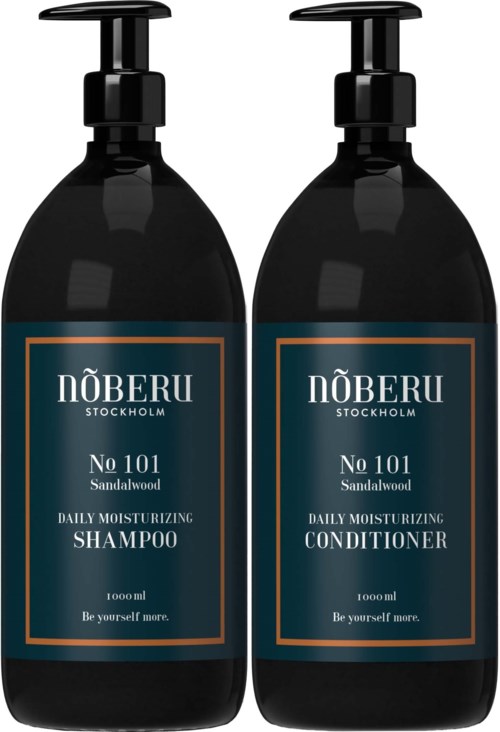 Zwei schwarze Flaschen mit Pumpe. Beschriftung sagt 'NÖBERU Stockholm, No 101 Sandalwood, Daily Moisturizing Shampoo und Conditioner.'