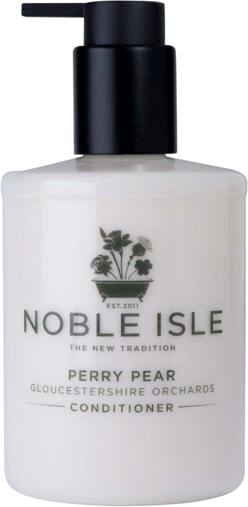 Eine weiße Flasche mit schwarzem Pumpkopf, gekennzeichnet Noble Isle Perry Pear Spülung, mit grünem Pflanzenlogo.