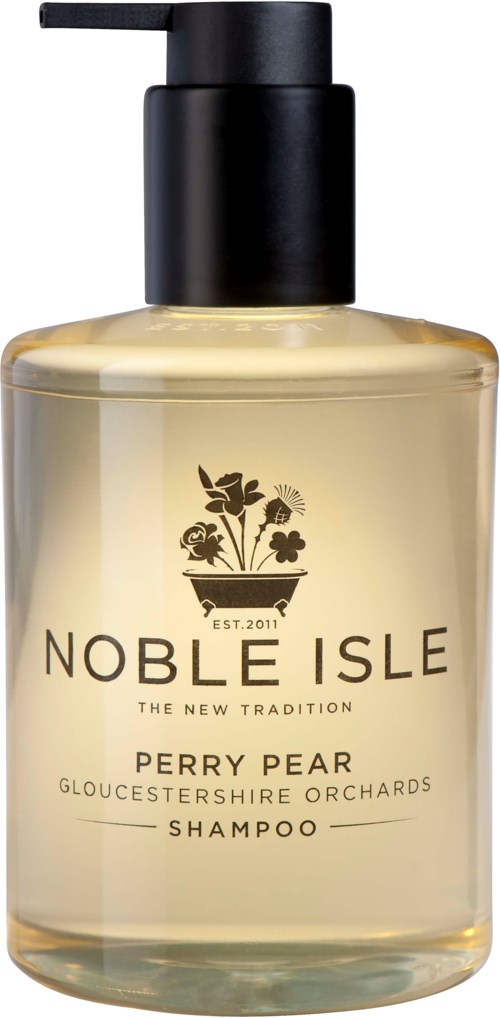 Eine klare Flasche Shampoo mit schwarzem Pumpkopf, beschriftet Noble Isle Perry Pear, Gloucestershire Orchards.