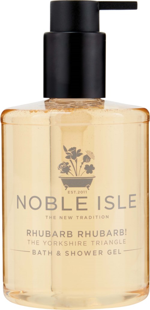 Eine transparente Pumpflasche mit Noble Isle Rhubarb Rhubarb Duschgel mit schwarzer Pumpe.