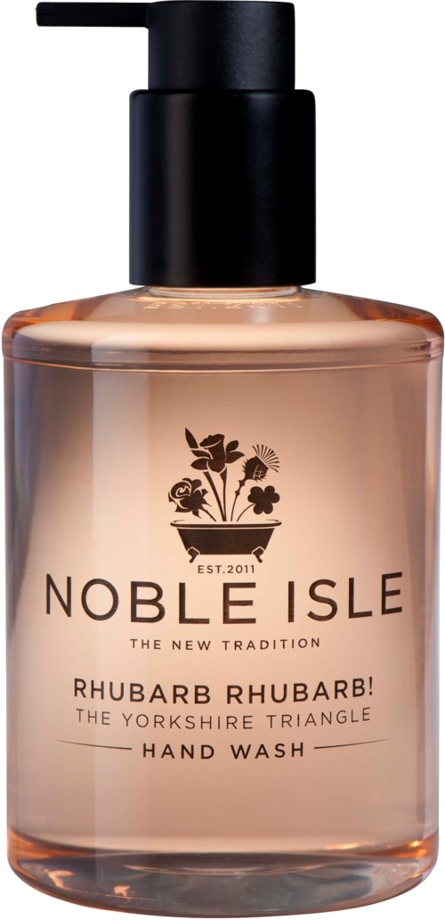 Eine klare Pumpflasche mit rosa Flüssigkeit, gekennzeichnet Noble Isle Rhabarber Handwäsche, mit Blumenlogo.