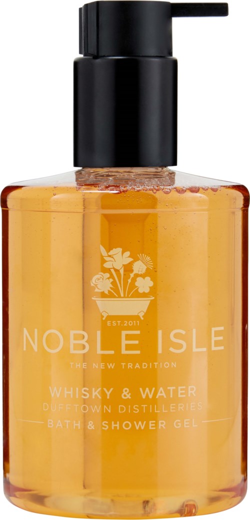 Eine Flasche Bade- und Duschgel mit schwarzem Pumpkopf, orange Farbe und weißem Text auf der Vorderseite.
