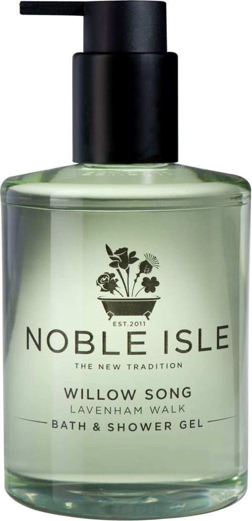 Eine klare grüne Flasche mit schwarzem Pumphals, beschriftet Noble Isle Willow Song Bath & Shower Gel, mit Pflanzenlogo.