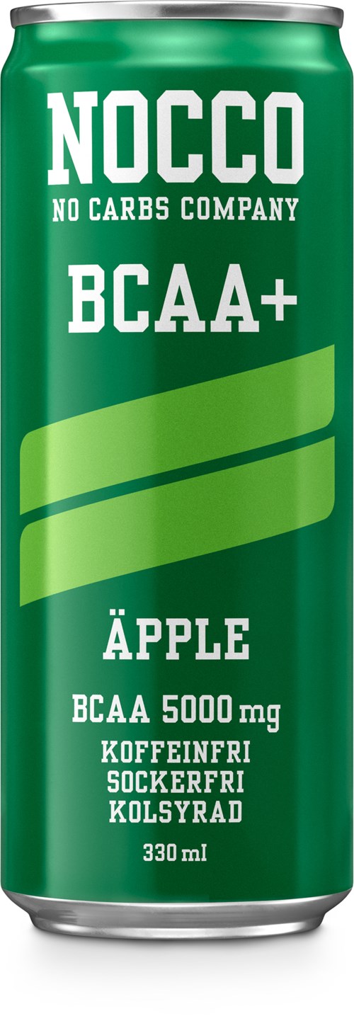 Green energy drink can labeled NOCCO, BCAA plus, apple flavor, caffeine-free, 330 ml.