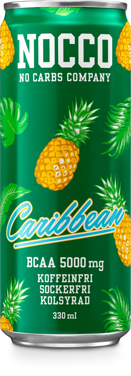 En grön burk med ananas och blad, märkt NOCCO Caribbean, innehåller BCAA, koffeinfri, sockerfri och colasmak.