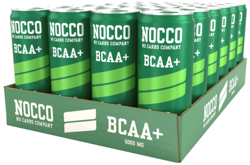 Green cans labeled NOCCO BCAA+ 5000 MG, arranged in a display box, promoting a supplement drink.