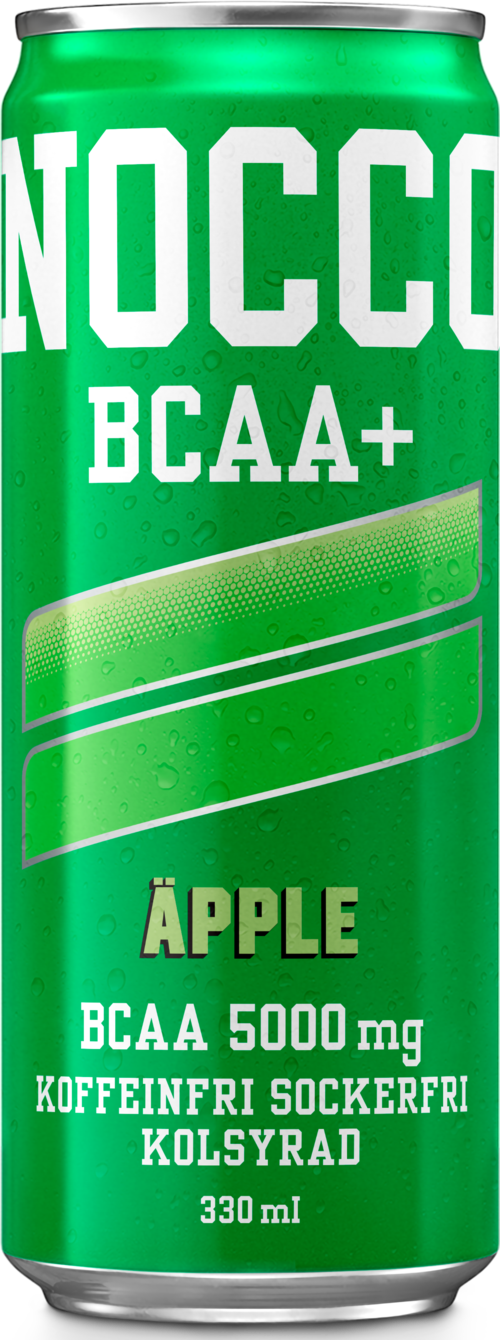A green energy drink can with white and gold text, includes flavor 'Apple' and mentions BCAA, caffeine-free, sugar-free, and carbonated.