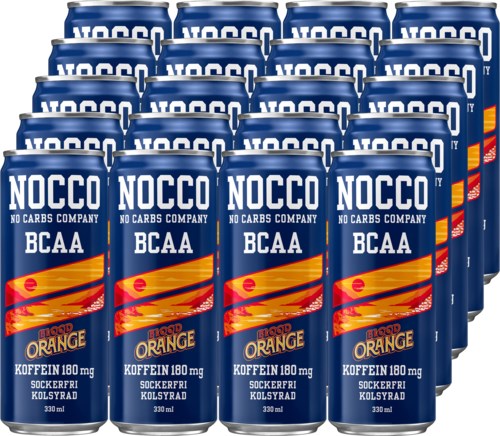 Fifteen cans of NOCCO Blood Orange energy drink with BCAA, caffeine, and zero sugar, arranged in three rows.