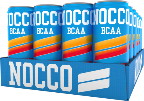 Cans of NOCCO energy drink with blue packaging and red, yellow, and orange stripes, placed in a blue display box.
