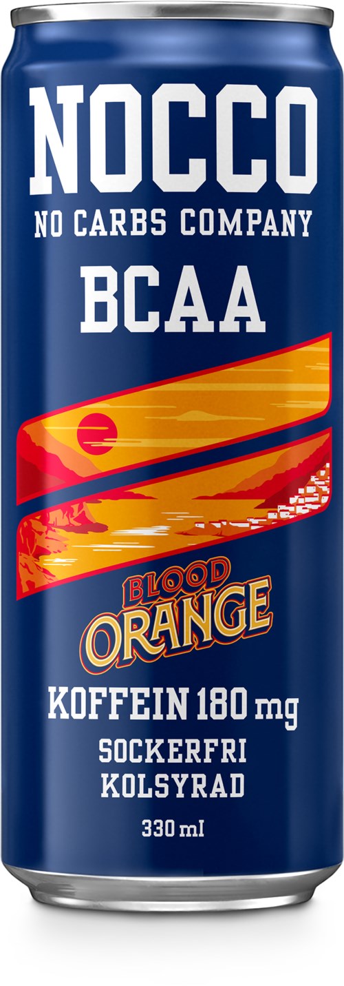 Blue can with orange design, labeled NOCCO, BCAA, Blood Orange flavor, and various health information.