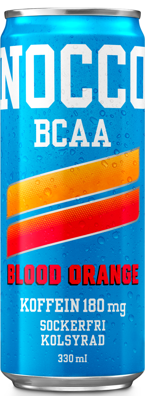 A bright blue energy drink can with bold white and red text, showing flavor Blood Orange and details like caffeine and volume.