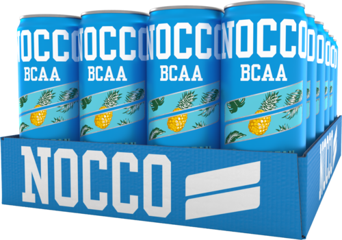 Sweet drink cans with a pineapple and leaf design, labeled NOCCO BCAA, arranged in a blue display box.