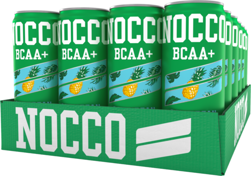 Gröna burkar med märket NOCCO, visar ananas och bladillustrationer, märkt BCAA+.
