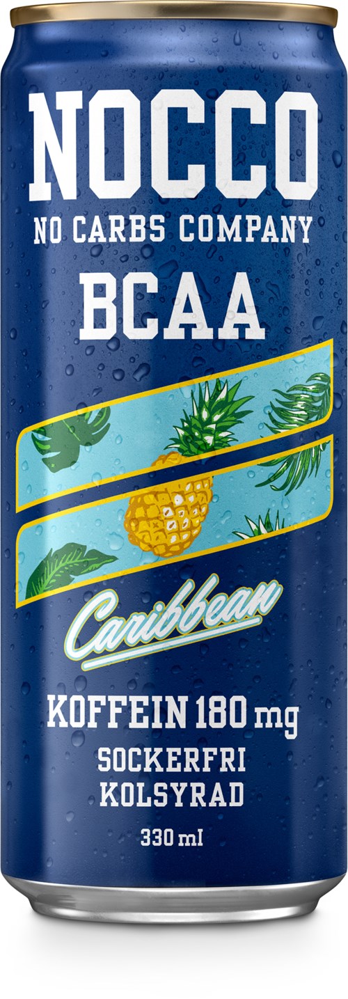 A blue can labeled NOCCO BCAA Caribbean with pineapple and tropical leaf illustrations, contains caffeine, sugar-free, 330 ml.