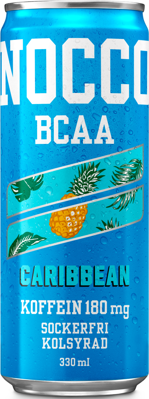 Blue can with tropical plant and pineapple illustrations, text about BCAA, caffeine, sugar-free, coconut flavor, 330 ml.