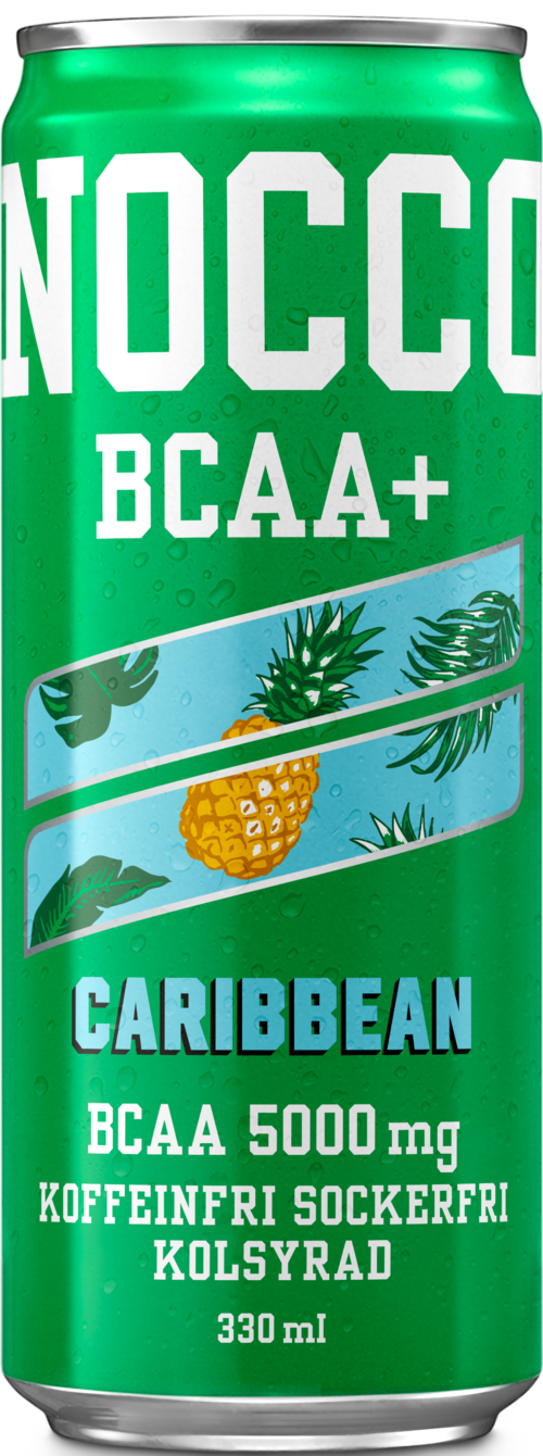 En lång grön burk med orden NOCCO BCAA CARIBBEAN, ananas och palmblad, samt näringsinformation.