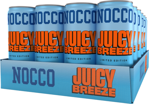 Six cans of NOCCO Juicy Breeze energy drink in a blue display box.