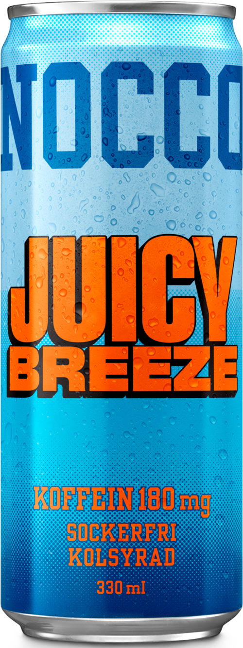 A tall, slim blue can with orange and blue text promoting Juicy Breeze, containing caffeine, sugar-free, with 330 ml volume.