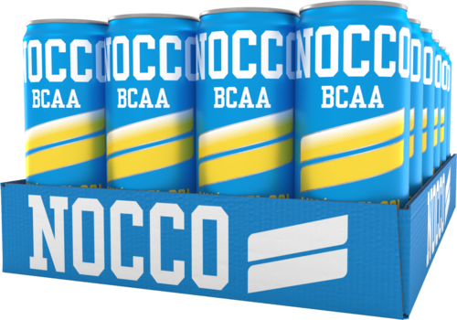Several blue cans labeled 'NOCCO BCAA' with yellow stripes, displayed in a blue box.