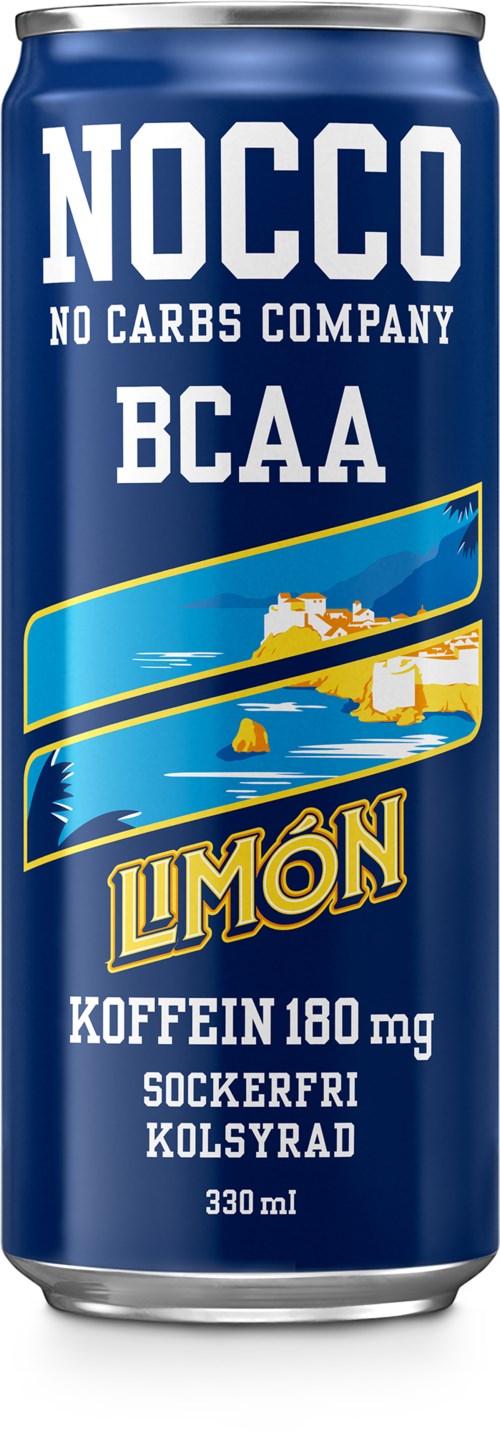 A blue can of NOCCO energy drink with lemon flavor, showing ships and water waves, and text about ingredients and size.
