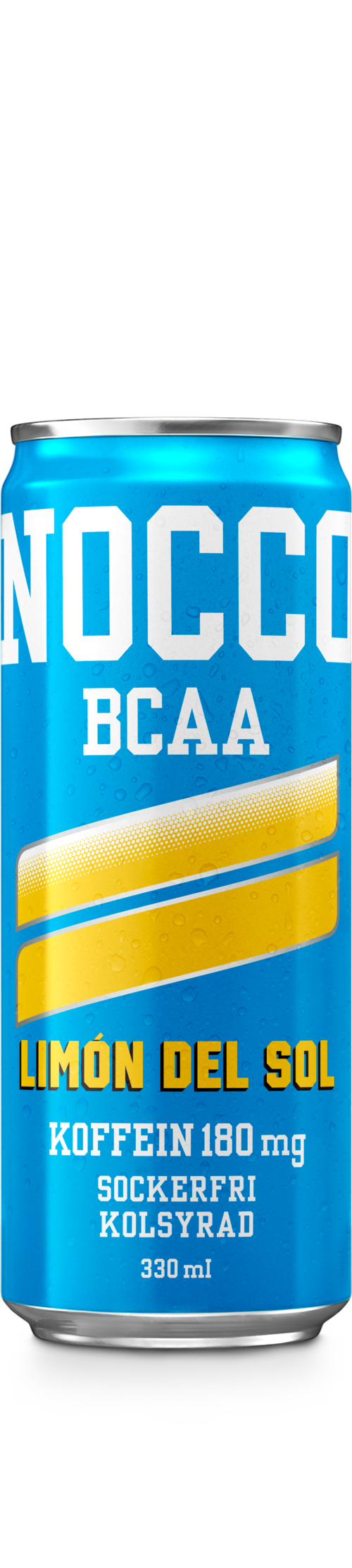A blue energy drink can with the words NOCCO BCAA and lemon flavor, contains caffeine and is sugar-free.