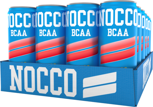 A display box with cans of NOCCO energy drink, showing the brand name and label colors.