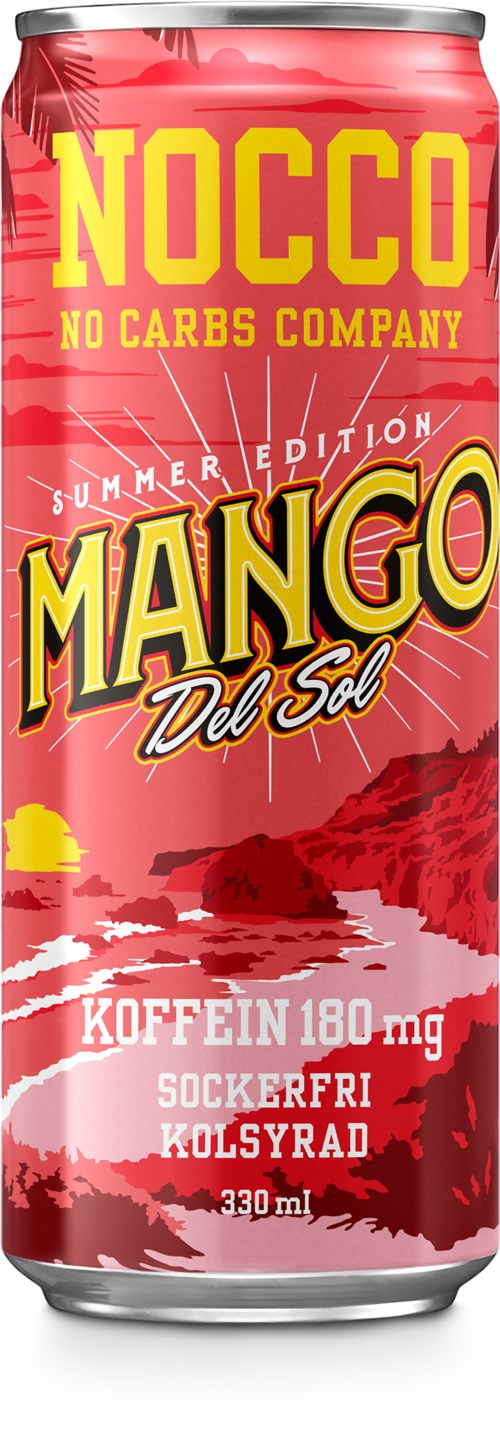 A red can of NoCCO Mango drink with sunset and mountain graphics, mentions caffeine, calorie count, and being sugar-free.