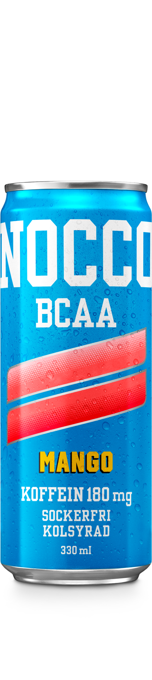 A blue can of NOCCO BCAA drink with mango flavor, showing caffeine and sugar-free labels, 330 ml size.