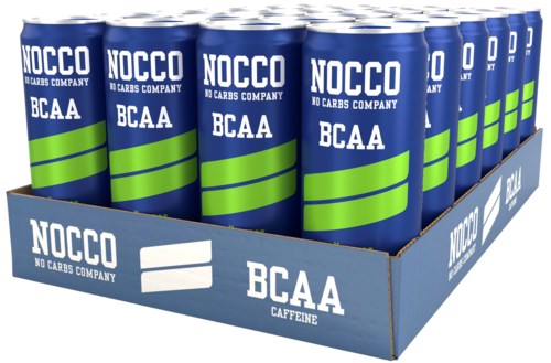 Blue cans with green stripes labeled NOCCO BCAA caffeine, displayed in a tray.