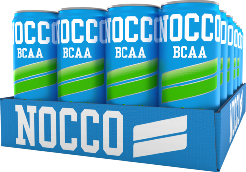 Blue cans labeled NOCCO BCAA are in a blue box displayed for sale.
