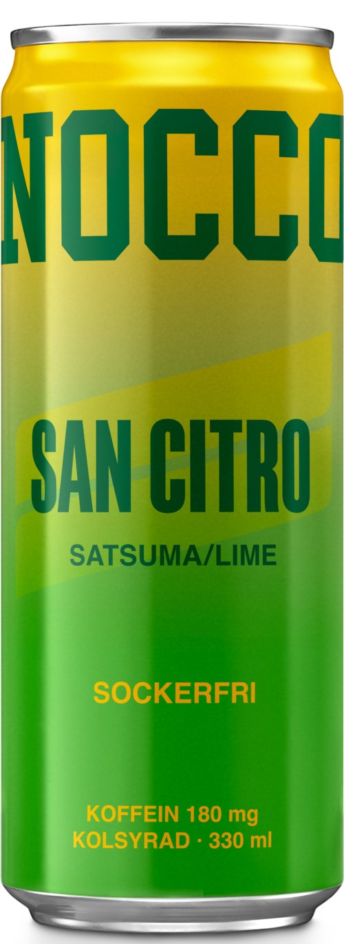 En burk av Nocco San Citro energidryck med lime smak och koffein, 330ml.
