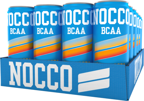 Several blue cans labeled NOCCO BCAA are in a box on a display shelf.