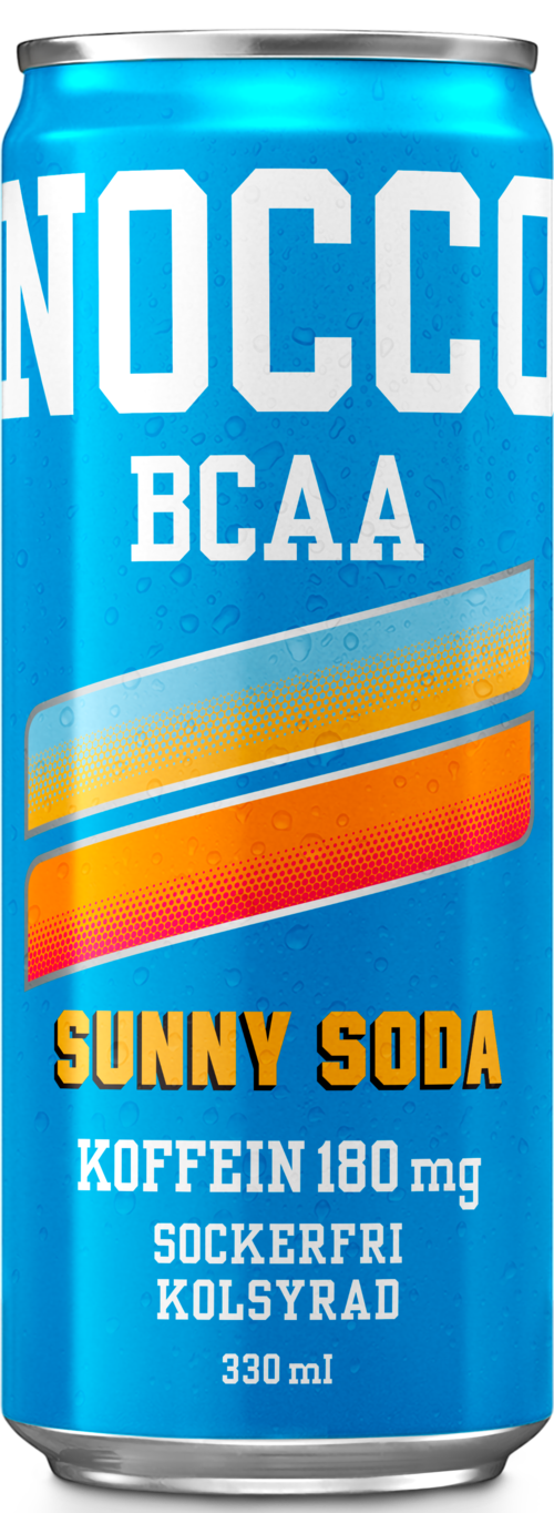 A blue can of NOCCO BCAA with yellow, orange, and red bands. It says Sunny Soda with caffeine and sugar-free details.