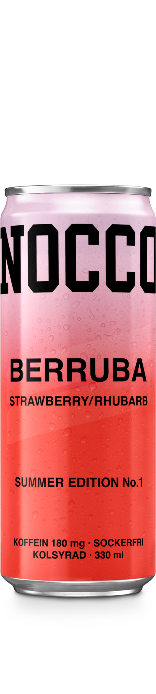 A pink and red can of Berruba strawberry and rhubarb flavored drink. It is summer edition and caffeine-free.