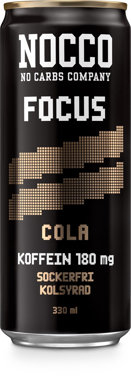 A black can of NOCCO Focus Cola, caffeine 180 mg, sugar-free, 330 ml.
