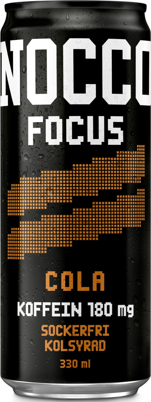 A black energy drink can with the brand name 'NOCCO FOCUS' and 'COLA' flavor, 180 mg caffeine, sugar-free, 330 ml.