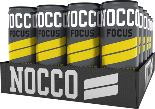 Cans of NOCCO energy drink in a display box, black and yellow design, with large white text.