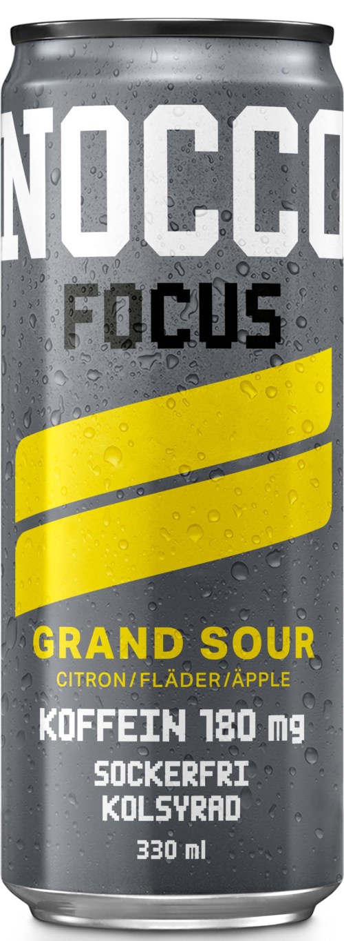 A tall, grey can features bold white and yellow text, advertising a sour apple flavored drink with caffeine, free sugar.
