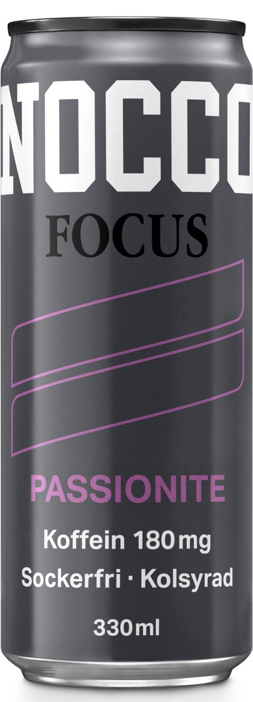 A black can with purple and white text showing energy drink details including caffeine, sugar-free, carbonated, passion fruit flavor, 330ml.