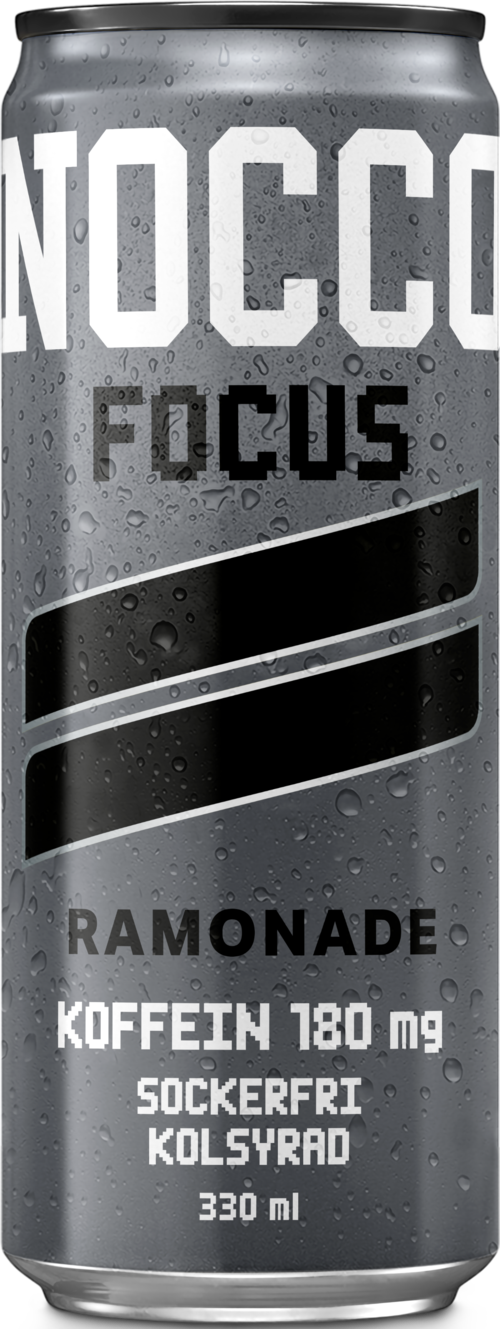 En burk av NOCCO Focus Ramonaide energidryck, svart och grå med fet text, visar att den innehåller koffein och är sockerfri.