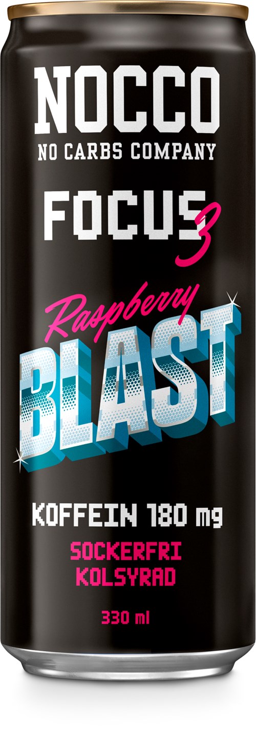 A black can with brand name NOCCO, raspberry flavor, and bold blue and pink text, offering a drink with caffeine.