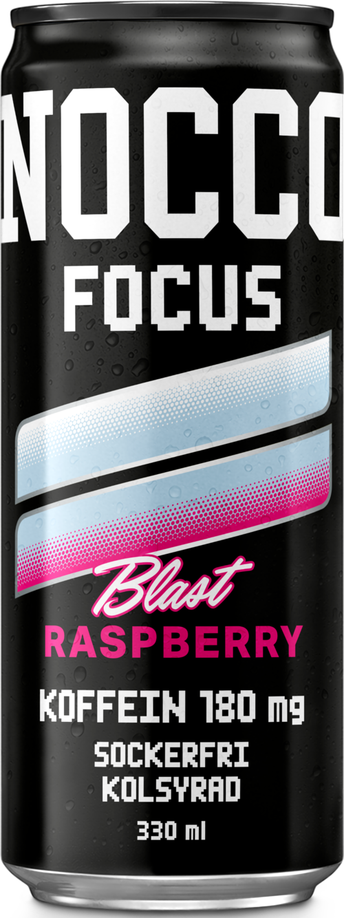 A black can with white, pink, and blue text and design, labeled as a raspberry-flavored energy drink with caffeine.